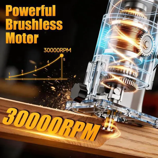 Alt view image 4 of 7 - Brushless Cordless Router for Woodworking, Compatible with Dewalt 20V Battery (Battery Not Included), 6-Speed, 30000-RPM Trim Router, 15-Pcs Trim Bits for Edge Trimming, Grooving (Black and Yellow)