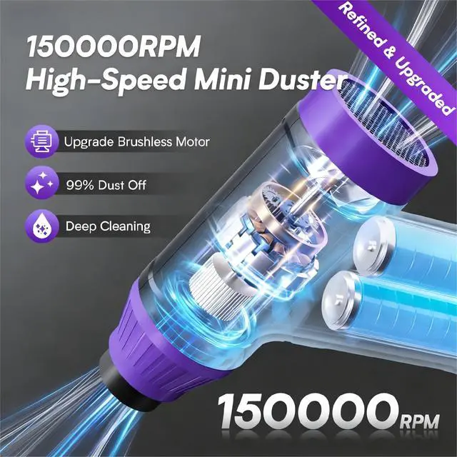 Alt view image 2 of 7 - Compressed Air Duster Keyboard Cleaner, Electric Air Blower (Purple) | Cleaning Kit 150,000 RPM Mini Duster Spray for Dusting PC, Car, and Vacuum
