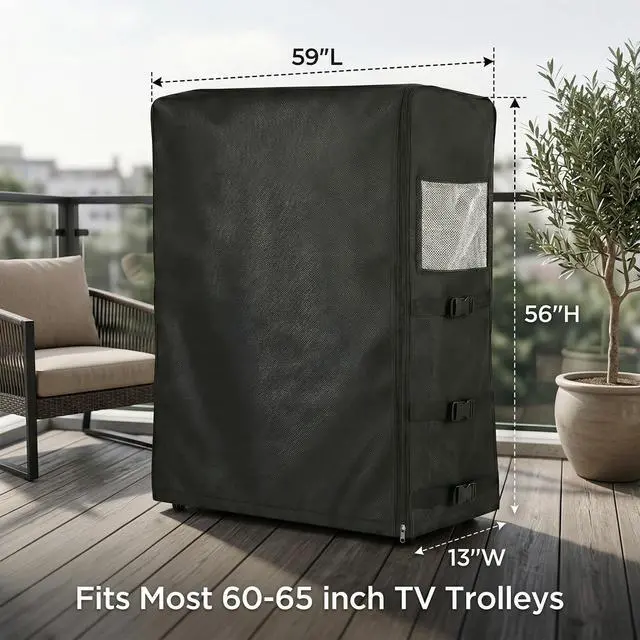 Alt view image 2 of 7 - Outdoor TV Trolley Cover 60-65-inch 59" L x 13" W x 56" H | Zipper access, windproof design, heavy-duty waterproof Oxford,Mesh pockets, snap-button fastening, hook and Loop Strips
