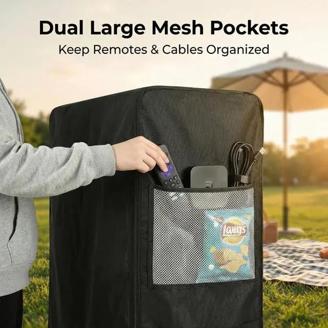 Alt view image 6 of 7 - Outdoor TV Trolley Cover 60-65-inch 59" L x 13" W x 56" H | Zipper access, windproof design, heavy-duty waterproof Oxford,Mesh pockets, snap-button fastening, hook and Loop Strips