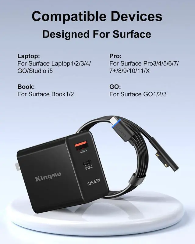 Alt view image 4 of 7 - for Surface Pro Charger, 65W Microsoft Surface Charger PD3.0 Fast Charger for Microsoft Surface Pro 11 Charger Compatible with Microsoft Surface Pro 10/9/8/7/6/5/4/3/Go/Book,Portable Travel Adapter