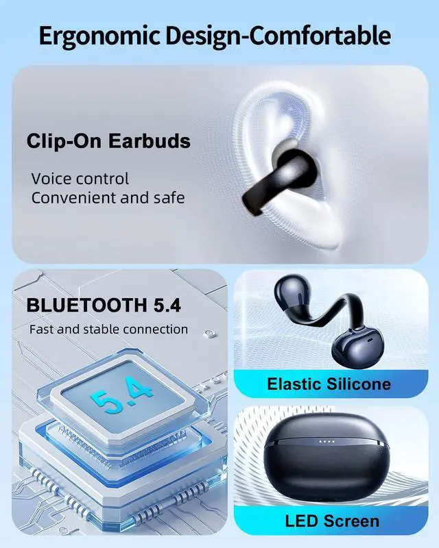 Alt view image 2 of 7 - AI True Open Ear Earbuds Wireless Bluetooth Open Ear Headphones, Lightweight Clip on Earbuds 45H Playtime ENC Clip on Headphones, Over Ear Buds with Waterproof Fit Sport, Running, Workout