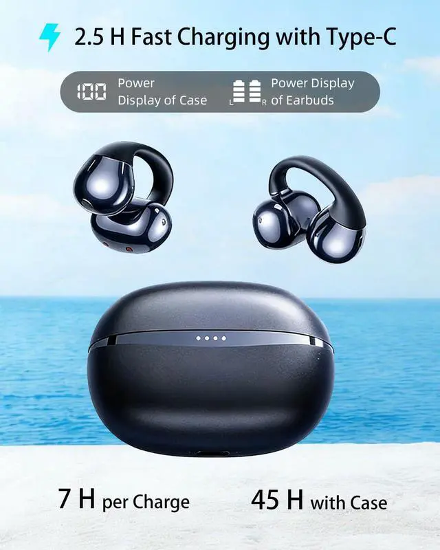 Alt view image 4 of 7 - AI True Open Ear Earbuds Wireless Bluetooth Open Ear Headphones, Lightweight Clip on Earbuds 45H Playtime ENC Clip on Headphones, Over Ear Buds with Waterproof Fit Sport, Running, Workout