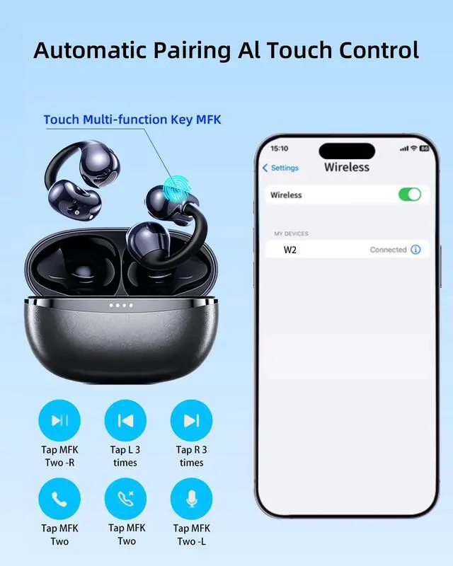 Alt view image 5 of 7 - AI True Open Ear Earbuds Wireless Bluetooth Open Ear Headphones, Lightweight Clip on Earbuds 45H Playtime ENC Clip on Headphones, Over Ear Buds with Waterproof Fit Sport, Running, Workout