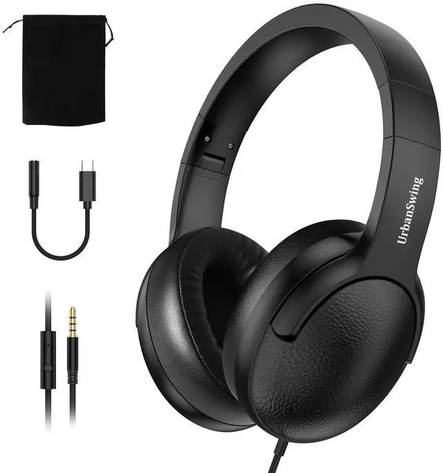 Main image of W4 Wired Headphones, Mic, USBC Adapter & Pouch, Value Bundle | 3.5mm & Type C Connector, Steel Pin, Voice Assistant Access, 4.9ft Braided Cord, Soft Cushions, Foldable, Ages 12+, Black