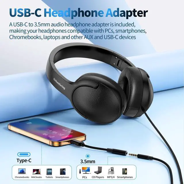 Alt view image 3 of 7 - W4 Wired Headphones, Mic, USBC Adapter & Pouch, Value Bundle | 3.5mm & Type C Connector, Steel Pin, Voice Assistant Access, 4.9ft Braided Cord, Soft Cushions, Foldable, Ages 12+, Black