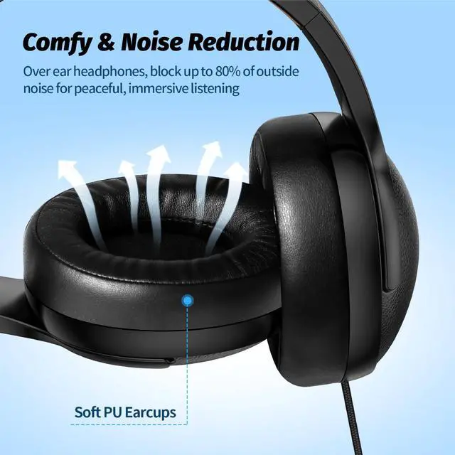 Alt view image 4 of 7 - W4 Wired Headphones, Mic, USBC Adapter & Pouch, Value Bundle | 3.5mm & Type C Connector, Steel Pin, Voice Assistant Access, 4.9ft Braided Cord, Soft Cushions, Foldable, Ages 12+, Black