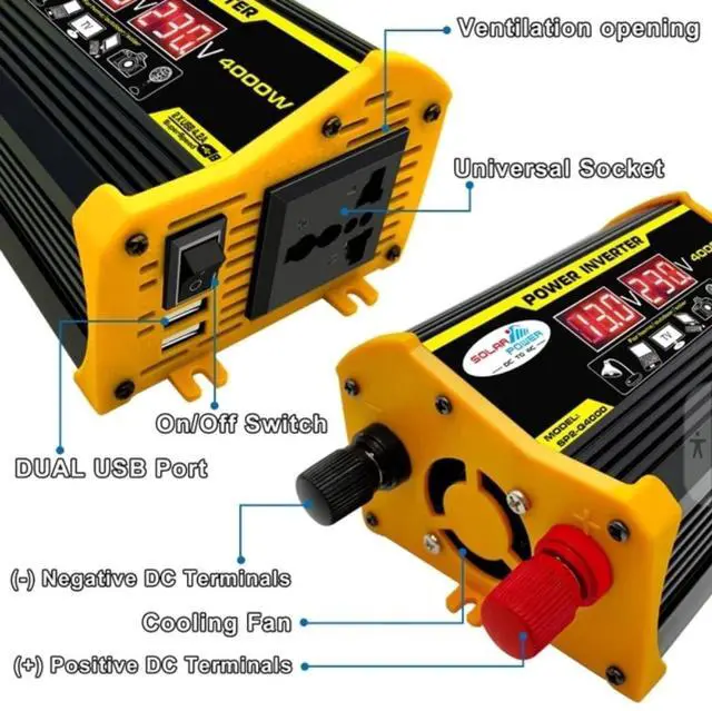 Alt view image 4 of 7 - High-Power Peak 4000W DC to AC Power Inverter 12V to 110V/220V Converter with Dual USB Ports, Universal AC Outlet, LED Display for Cars, Trucks, RVs, and Home Backup (110V)