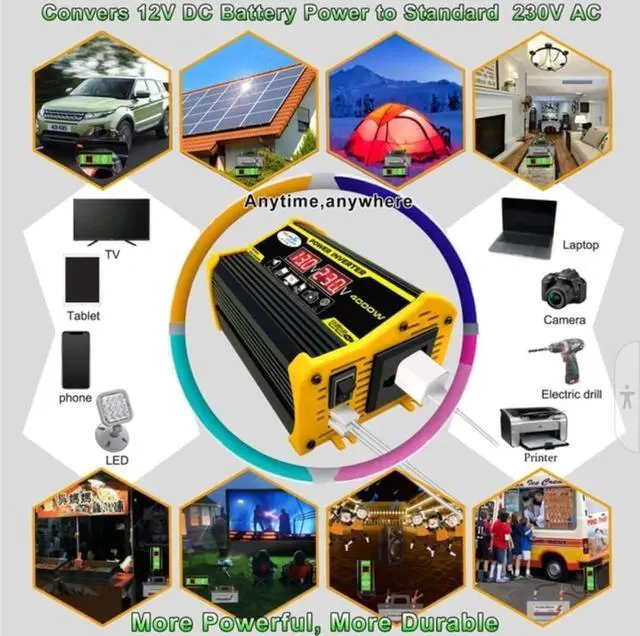 Alt view image 6 of 7 - High-Power Peak 4000W DC to AC Power Inverter 12V to 110V/220V Converter with Dual USB Ports, Universal AC Outlet, LED Display for Cars, Trucks, RVs, and Home Backup (110V)