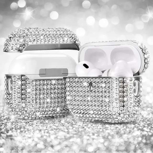 Alt view image 6 of 7 - Case for AirPods Pro 2nd Generation, Cute AirPod Pro 2 Protective Case Cover for Women Girls, Bling Crystal PC Apple Air Pods Pro Cases Accessories with Lobster Clasp Keychain, Silver