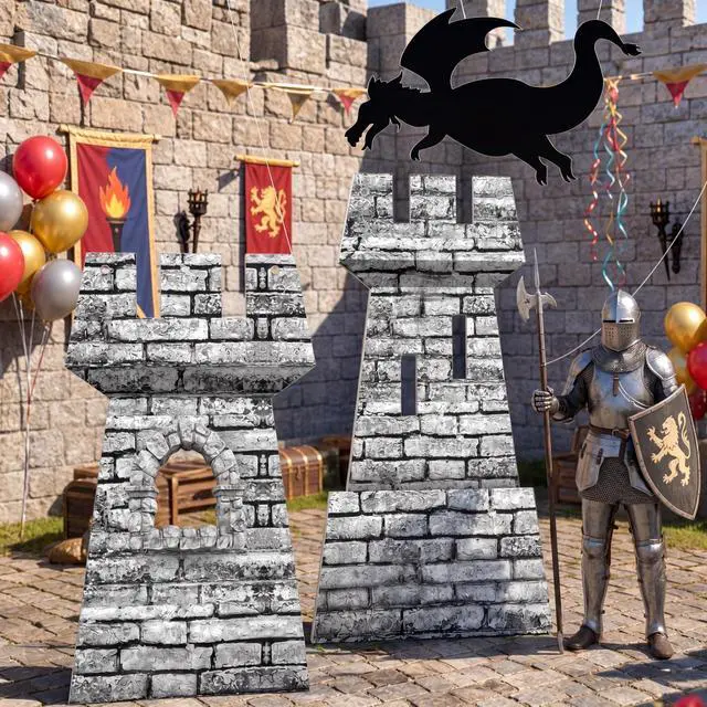 Main image of 3 Pcs Halloween Medieval Party Decorations Kit 5ft 4ft Medieval Castle Backdrop 15.8 in Dragon Hanging Knight Stone Wall Fort Dragon Party for Halloween Birthday Renaissance Knight Photo Props