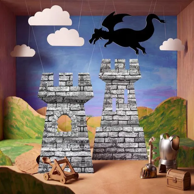 Alt view image 5 of 7 - 3 Pcs Halloween Medieval Party Decorations Kit 5ft 4ft Medieval Castle Backdrop 15.8 in Dragon Hanging Knight Stone Wall Fort Dragon Party for Halloween Birthday Renaissance Knight Photo Props