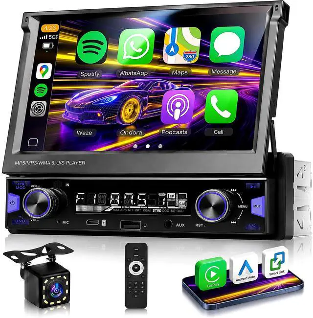 Main image of 7 inch Single Din Touch Screen Car Stereo Flip Out Wireless CarPlay Android Auto, 1 Din Car Radio with Bluetooth with RDS AM FM Radio Car Audio Receiver Mirror Link,Type-C/USB/AUX+ Backup Cam