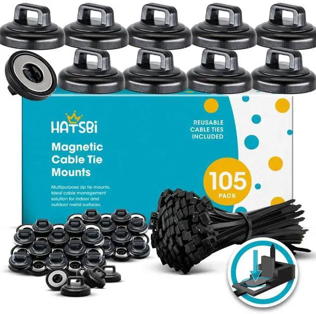 Main image of Magnetic Cable Zip Tie Mounts Multipurpose (105 PACK) Neodymium Magnets Black 105 Black Cable Zip Ties Included. Cable Holder for Cable Management. Holds Standard Zip Ties/Cable Ties