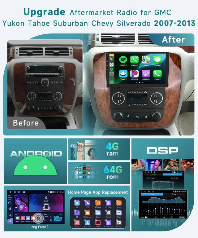 Alt view image 2 of 7 - 4Core 4+64G Radio for Chevy Silverado GMC Yukon Tahoe Suburban 2007-2013 Stereo Upgrade with DSP Wireless Carplay/Android Auto,9" IPS Touchscreen Radio BT FM/RDS SWC Backup Cam(Not Support JBL/Bose)