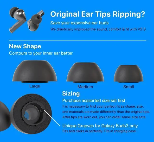 Alt view image 6 of 7 - Galaxy Foams Pro 3 V2.0 Premium Memory Foam Ear Tips for Samsung Galaxy Buds (Galaxy Buds4 Pro & Galaxy Buds3 Pro) Anti Slip, All Day Comfort, Noise Cancelling (3 Pairs-S/M/L)