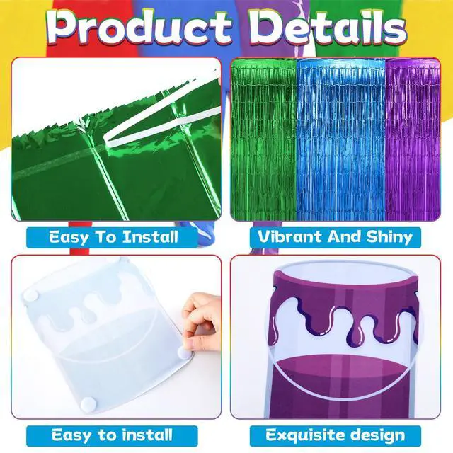 Alt view image 3 of 7 - 6 Set Art Paint Party Decoration Back to School Paint Cans with Rainbow Foil Fringe Curtains Art Theme DIY Colorful Splatter Backdrop Decoration for Birthday Classroom School Art Party Supplies
