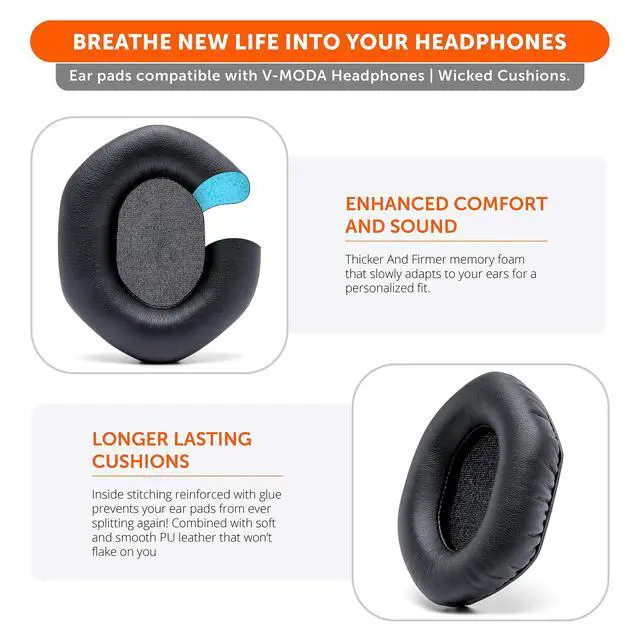 Alt view image 4 of 7 - Wicked Cushions Replacement XL Ear Pads For Vmoda Headphones - Compatible with Vmoda M100 & Crossfade Series | Soft Leather, Luxurious Memory Foam, Added Thickness, Enhanced Noise Isolation | Black