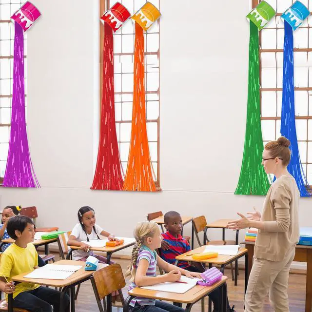 Alt view image 5 of 7 - 6 Set Art Paint Party Decoration Back to School Paint Cans with Rainbow Foil Fringe Curtains Art Theme DIY Colorful Splatter Backdrop Decoration for Birthday Classroom School Art Party Supplies