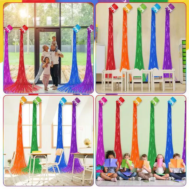 Alt view image 7 of 7 - 6 Set Art Paint Party Decoration Back to School Paint Cans with Rainbow Foil Fringe Curtains Art Theme DIY Colorful Splatter Backdrop Decoration for Birthday Classroom School Art Party Supplies