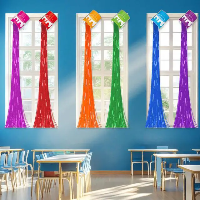 Alt view image 6 of 7 - 6 Set Art Paint Party Decoration Back to School Paint Cans with Rainbow Foil Fringe Curtains Art Theme DIY Colorful Splatter Backdrop Decoration for Birthday Classroom School Art Party Supplies
