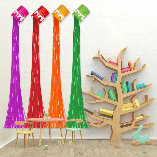 Alt view image 4 of 7 - 6 Set Art Paint Party Decoration Back to School Paint Cans with Rainbow Foil Fringe Curtains Art Theme DIY Colorful Splatter Backdrop Decoration for Birthday Classroom School Art Party Supplies