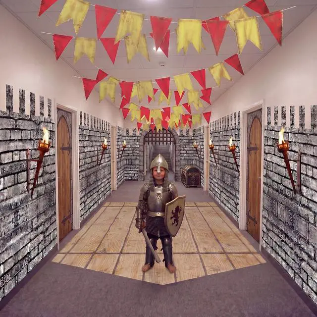 Main image of 3 Pcs Medieval Party Decorations Kit Castle Classroom Decor 8.2x3.3ft Stone Wall Backdrop 4.86 x 2.33 ft Fence Rug 29.5ft Medieval Banner Hallway Decor for Knight Castle Party Supplies
