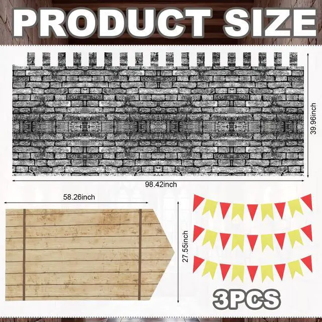 Alt view image 2 of 7 - 3 Pcs Medieval Party Decorations Kit Castle Classroom Decor 8.2x3.3ft Stone Wall Backdrop 4.86 x 2.33 ft Fence Rug 29.5ft Medieval Banner Hallway Decor for Knight Castle Party Supplies