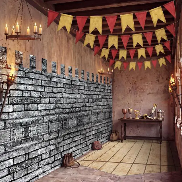 Alt view image 5 of 7 - 3 Pcs Medieval Party Decorations Kit Castle Classroom Decor 8.2x3.3ft Stone Wall Backdrop 4.86 x 2.33 ft Fence Rug 29.5ft Medieval Banner Hallway Decor for Knight Castle Party Supplies
