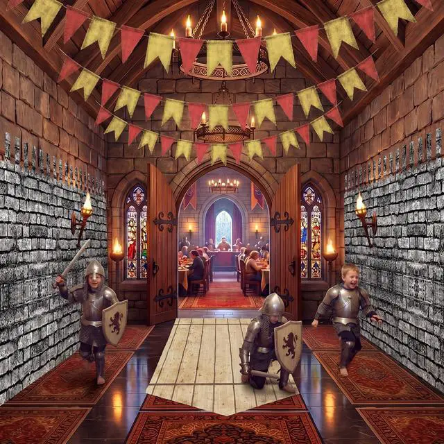 Alt view image 6 of 7 - 3 Pcs Medieval Party Decorations Kit Castle Classroom Decor 8.2x3.3ft Stone Wall Backdrop 4.86 x 2.33 ft Fence Rug 29.5ft Medieval Banner Hallway Decor for Knight Castle Party Supplies