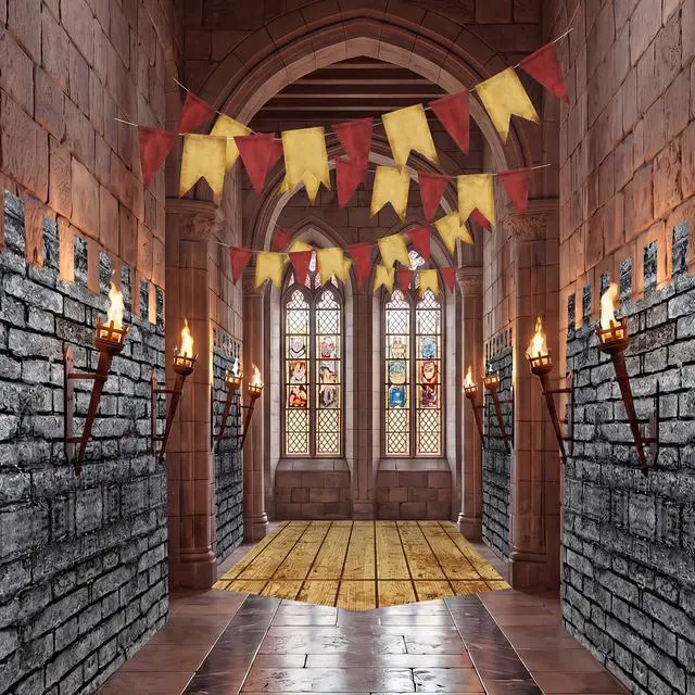 Alt view image 7 of 7 - 3 Pcs Medieval Party Decorations Kit Castle Classroom Decor 8.2x3.3ft Stone Wall Backdrop 4.86 x 2.33 ft Fence Rug 29.5ft Medieval Banner Hallway Decor for Knight Castle Party Supplies