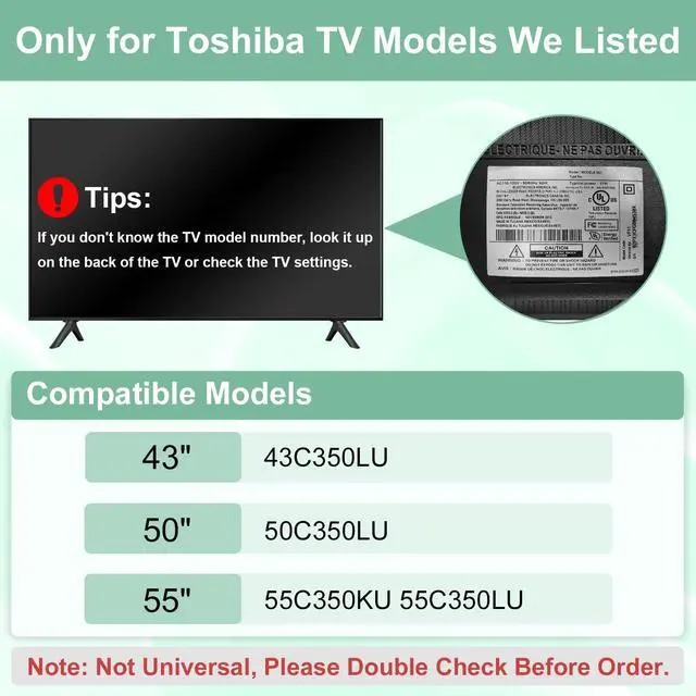 Alt view image 3 of 7 - TV Legs for Toshiba TV Stand Replacement, Only for Toshiba 43C350LU 50C350LU 55C350KU 55C350LU, for 43" 50" 55" Toshiba TV Legs with Screws Set, Easy to Install, Black