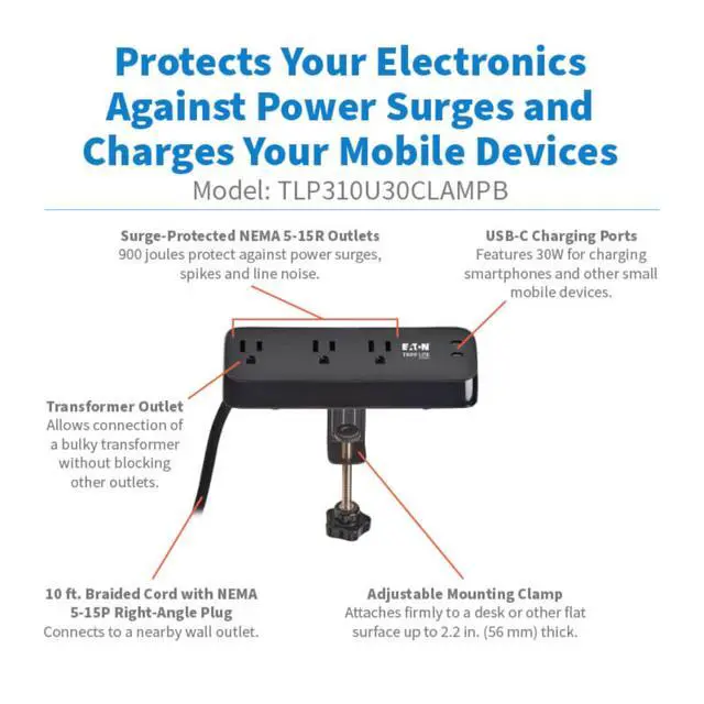 Alt view image 2 of 7 - Eaton series Desk Clamp Power Strip Surge Protector, 3-Outlets, 2x 30W USB-C Charging Ports, 900 Joules, 10ft Braided Flat Extension Cord, Manufacturer's (TLP310U30CLAMPB)