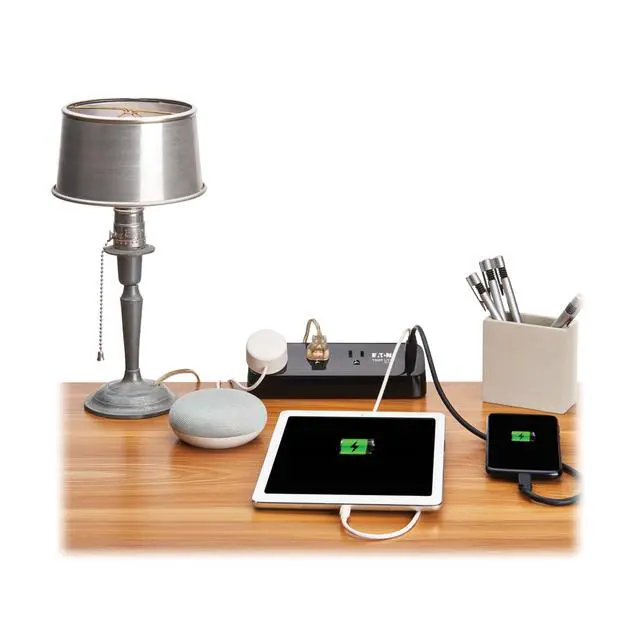 Alt view image 4 of 7 - Eaton series Desk Clamp Power Strip Surge Protector, 3-Outlets, 2x 30W USB-C Charging Ports, 900 Joules, 10ft Braided Flat Extension Cord, Manufacturer's (TLP310U30CLAMPB)