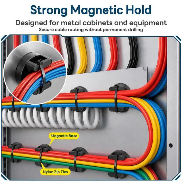Alt view image 5 of 6 - Magnetic Zip Tie Mounts, 26 Pack Magnetic Cable Tie Mounts with 200 Zip Ties, Rotating No-Drill Cable Management Organizer for Server Rack, Electrical Panel, Metal Desk, Strong Magnetic Wire Holders