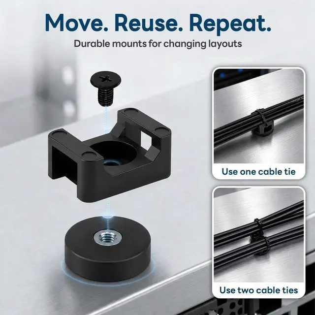 Alt view image 3 of 6 - Magnetic Zip Tie Mounts, 26 Pack Magnetic Cable Tie Mounts with 200 Zip Ties, Rotating No-Drill Cable Management Organizer for Server Rack, Electrical Panel, Metal Desk, Strong Magnetic Wire Holders