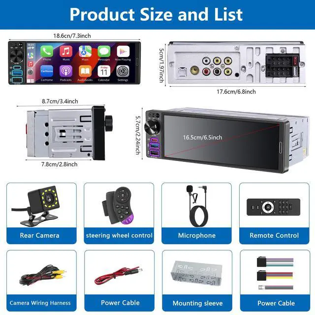 Alt view image 6 of 7 - Single Din Car Stereo - Upgrade Your Old Car, 6.5" with Wireless Apple CarPlay & Android Auto, Car Radio with Bluetooth, Backup Camera Ready, FM/USB/SWC/MIC