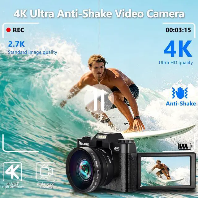 Alt view image 2 of 7 - 4K Digital Camera for Photography 48MP, WiFi 180° Flip Screen | Anti-shake, 16X zoom, Wide-angle and Macro lens, Rechargeable battery, for YouTube vlogging, Travel, Teens, Beginners