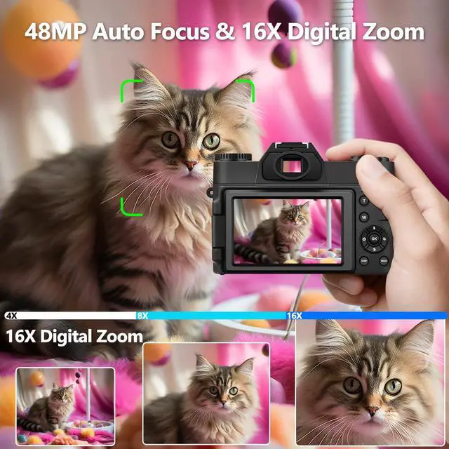 Alt view image 3 of 7 - 4K Digital Camera for Photography 48MP, WiFi 180° Flip Screen | Anti-shake, 16X zoom, Wide-angle and Macro lens, Rechargeable battery, for YouTube vlogging, Travel, Teens, Beginners