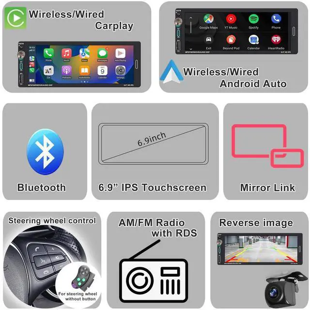 Alt view image 2 of 7 - Single Din Car Touchscreen(6.9") Radio with Wireless Apple CarPlay | Android Auto Bluetooth Type-C USB (2.1A Fast Charge) Backup Camera Car Stereo with Knob Headunit Audio Receiver