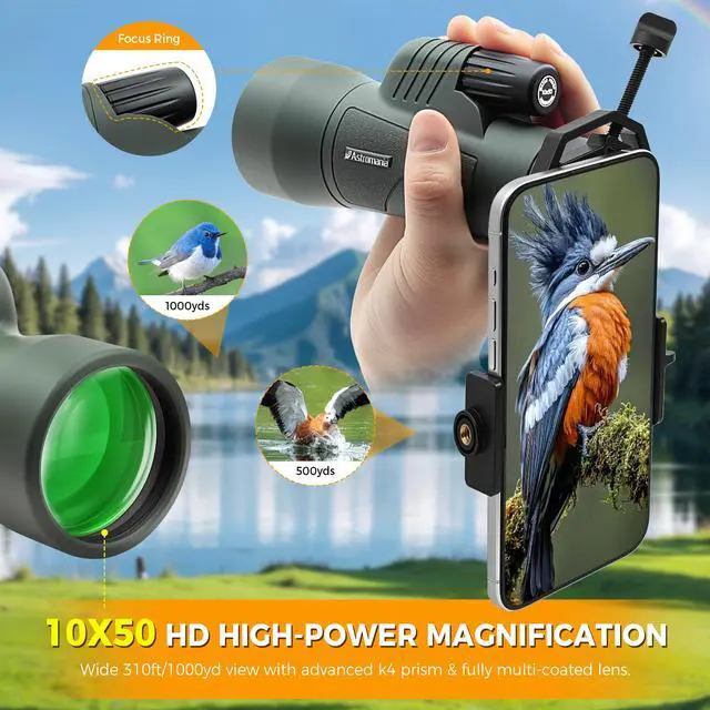 Alt view image 2 of 7 - 10X50 BAK4 High Power Prism Monocular Compact Handheld Monoscope | Waterproof Fogproof Shockproof for Wildlife,Multi-Coated Optics,Rubber Armor,Non-Slip Grip,With Portable Hand Strap