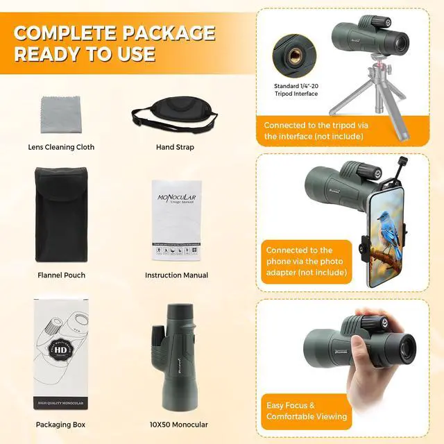 Alt view image 7 of 7 - 10X50 BAK4 High Power Prism Monocular Compact Handheld Monoscope | Waterproof Fogproof Shockproof for Wildlife,Multi-Coated Optics,Rubber Armor,Non-Slip Grip,With Portable Hand Strap