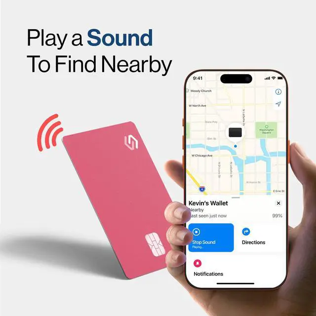 Alt view image 6 of 7 - SPOTMINDERS Apple MFi Certified Credit Card Wallet Tracker PRO Black & Pink (iOS Only) + Wireless Charger Bundle - Works with Apple Find My Tracking Card for Wallet Rechargeable Tag IP68 0.07in Slim