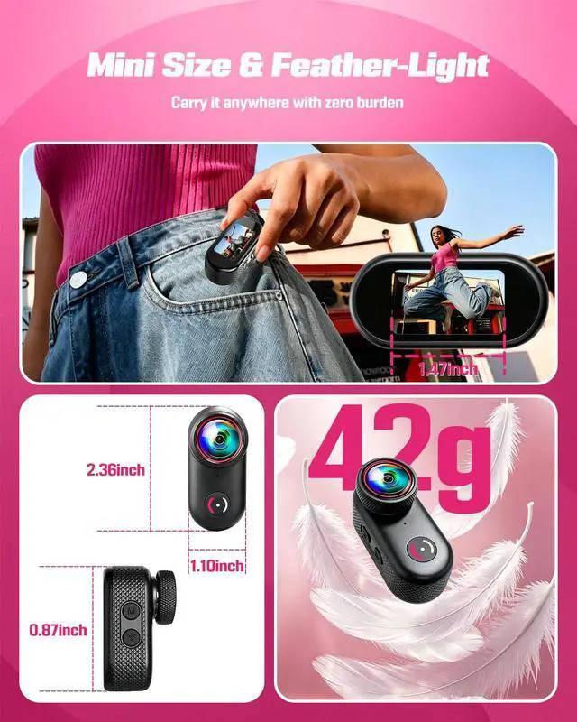 Alt view image 5 of 7 - Mini Body Camera, 4K Action Camera Wearable POV Thumb Camera | Magnetic with 1.47" Screen, 360°Rotatable Clip, IP65 Waterproof Thumb Size for TikTok YouTube Vlogging Traveling (32GB Crad)