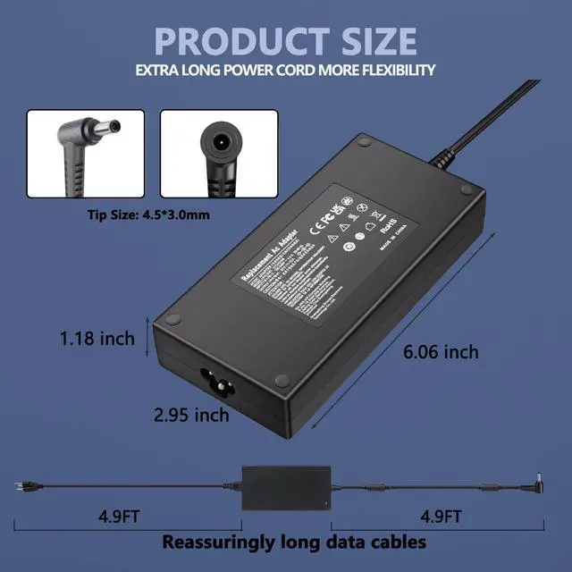 Alt view image 2 of 7 - 20V 12A 240W Laptop Charger for MSI Katana 15 17 B13V B13VFK B13VGK B12V B12VGK B12VFK B12VEK Crosshair 15 16 17 Katana GF76 Stealth 14 Studio GS66 GF66 GF76 GL66 GL76-4.5 * 3.0MM
