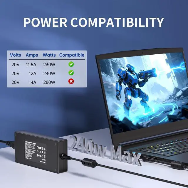 Alt view image 3 of 7 - 20V 12A 240W Laptop Charger for MSI Katana 15 17 B13V B13VFK B13VGK B12V B12VGK B12VFK B12VEK Crosshair 15 16 17 Katana GF76 Stealth 14 Studio GS66 GF66 GF76 GL66 GL76-4.5 * 3.0MM