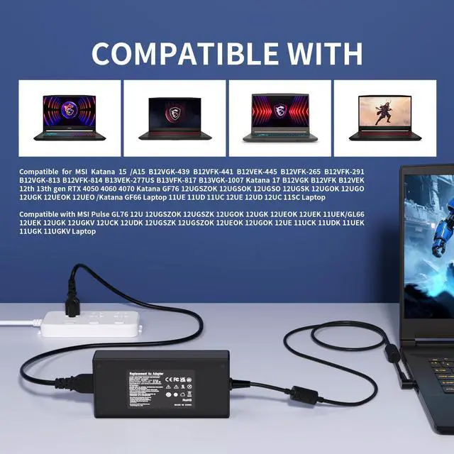 Alt view image 6 of 7 - 20V 12A 240W Laptop Charger for MSI Katana 15 17 B13V B13VFK B13VGK B12V B12VGK B12VFK B12VEK Crosshair 15 16 17 Katana GF76 Stealth 14 Studio GS66 GF66 GF76 GL66 GL76-4.5 * 3.0MM