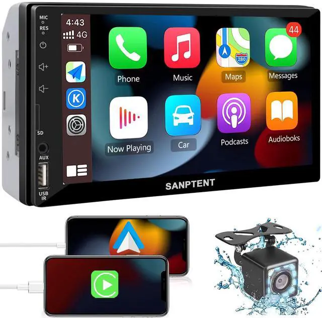 Main image of Double Din Car Stereo with 7 Inch Touchscreen, Radio Audio Receiver, Compatible with Wired Apple CarPlay & Android Auto, Mirror Link Support, Bluetooth Hands-Free, Backup Camera, FM/USB/TF/AUX, 12V