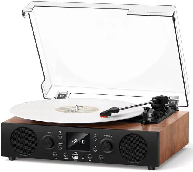 Main image of Vintage Record Player with Bluetooth, 3-Speed Belt-Drive Turntable for Vinyl Records, Built-in Stereo Speakers, USB Recording, FM Radio, AUX/TF/USB Playback, Walnut Wood Retro Phonograph