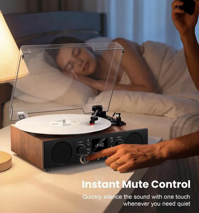 Alt view image 5 of 7 - Vintage Record Player with Bluetooth, 3-Speed Belt-Drive Turntable for Vinyl Records, Built-in Stereo Speakers, USB Recording, FM Radio, AUX/TF/USB Playback, Walnut Wood Retro Phonograph